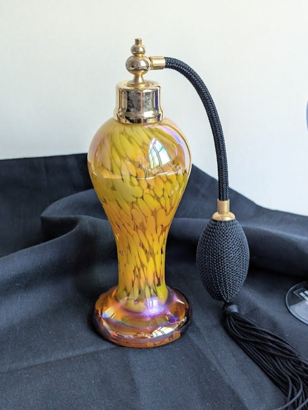 Vintage Mag Art Glass Iridescent Perfume Bottle Atomizer Swirling Gold Amber 7"